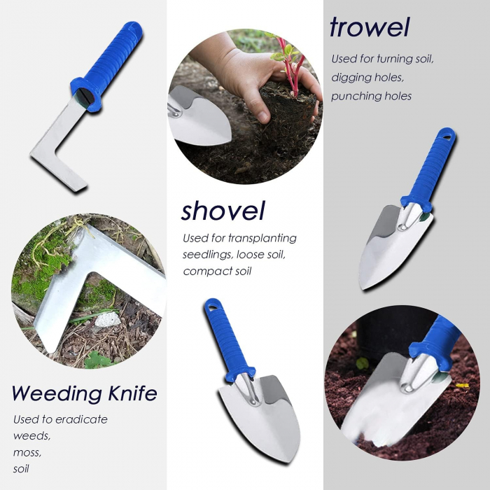 Set 10 Unelte de Gradina, Flippy, pentru Plantare Prelucrare Sol si Ingrijire Plante, Manere Albastre, Material PVC si Otel Inoxidabil, Cutie Inclusa, 37x28x7 cm, Negru [6]