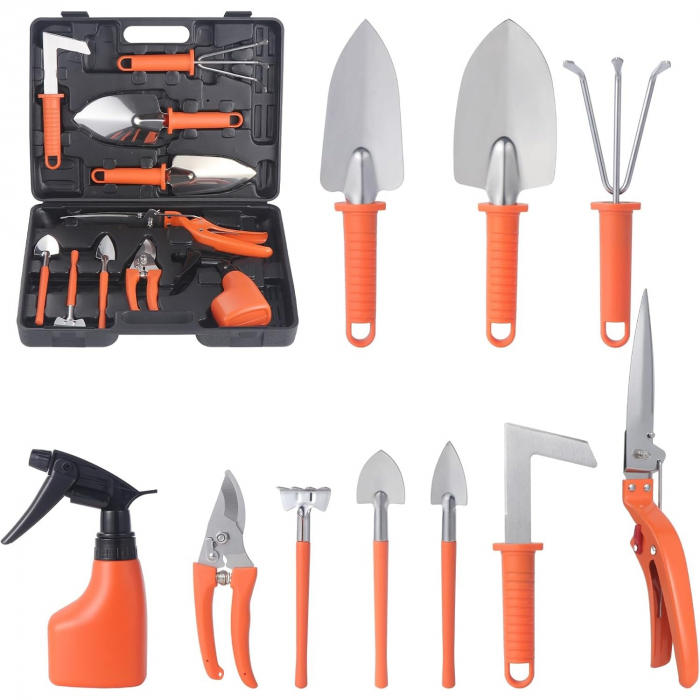 Set 10 Unelte de Gradina, Flippy, pentru Plantare Prelucrare Sol si Ingrijire Plante, Manere Portocalii, Material PVC si Otel Inoxidabil, Cutie Inclusa, 37x28x7 cm, Negru [2]