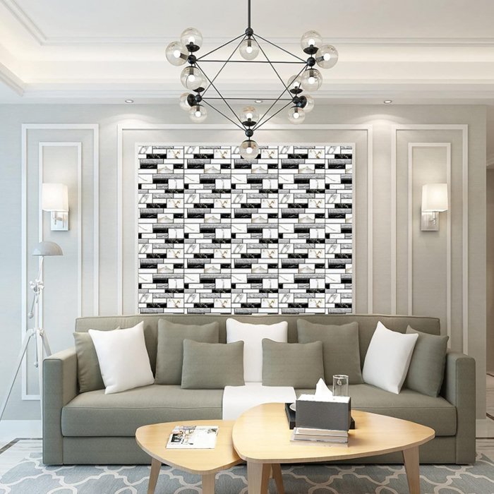 * LICHIDARE STOC * Set 10 x Placi Tapet Autocolant 3D cu Imitatie de Marmura, pentru Perete Bucatarie Sufragerie, Usor de Curatat, Rezistent la Apa, Autoadeziv, 30x30 cm, Alb Negru - [3]