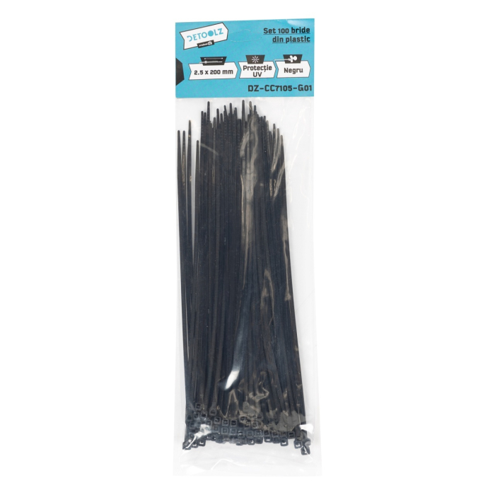 Set 100 bride plastic Detoolz 2.5x200mm UV NEGRU [2]
