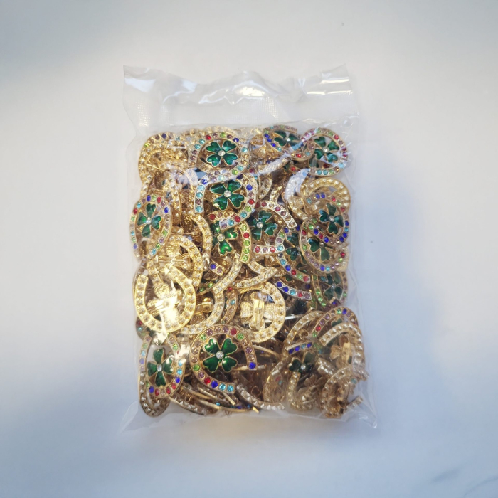 Set 100 Brose cu Pietre, Flippy, Model Potcoava cu Trifoi, 3 x 2.5 cm per unitate, Auriu/Multicolor [2]