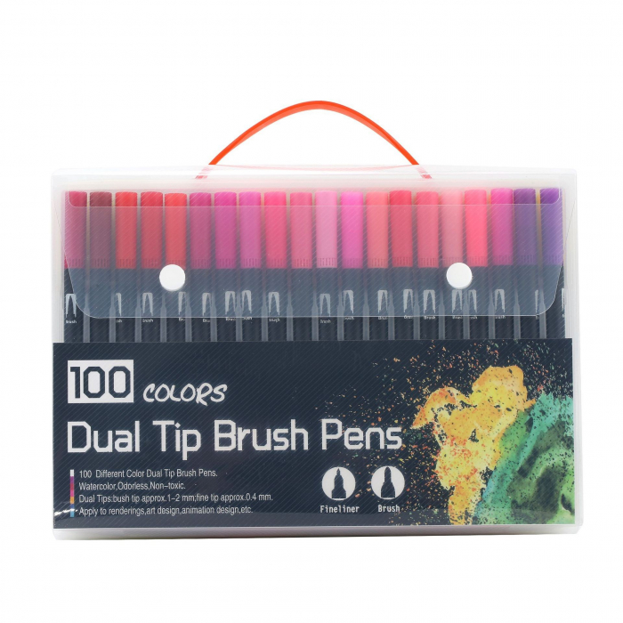 Set 100 Carioci, Flippy, pe Baza de Apa, 2 Tipuri de Varf, 1-2 mm, 0.4 mm, Corp Carioca Negru, din Plastic, Multicolor [1]