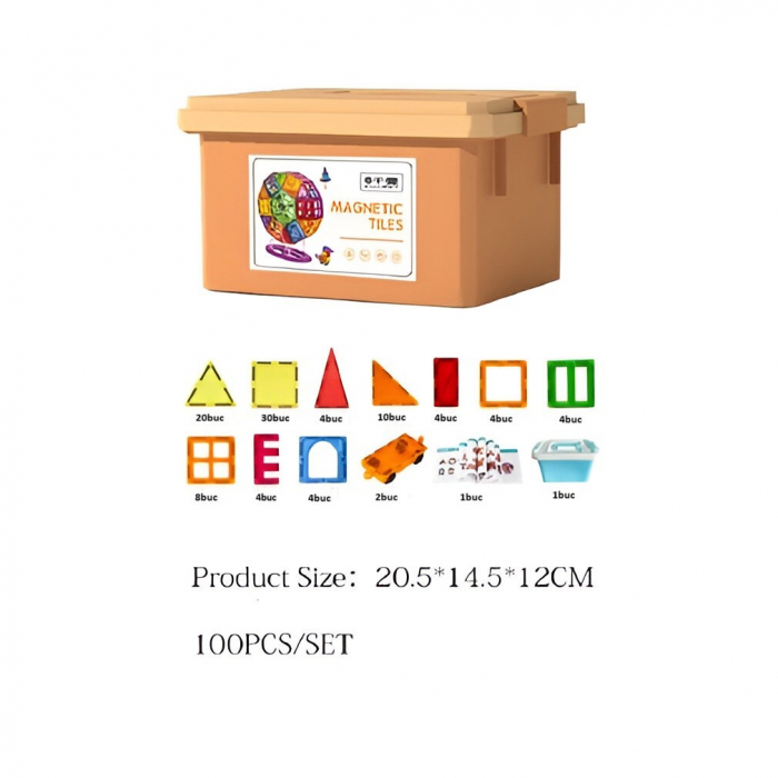 Set 100 de Piese Magnetice de Constructie, Flippy, Magnetic Tiles, Piese Mari, Forme Geometrice, 3 Ani, ABS, Magnet, 20.5 x 14.5 x 12 cm, Multicolor [4]
