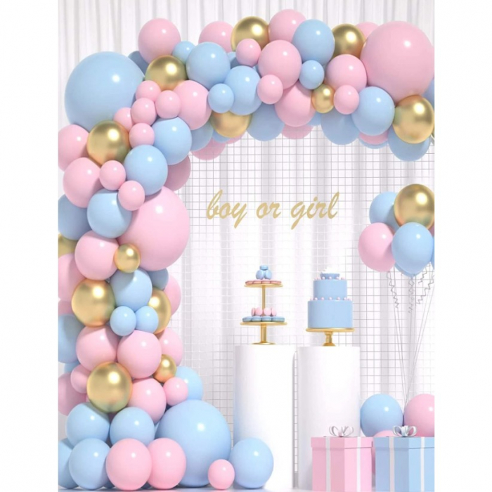 Baloane decorative pentru BABY SHOWER, Flippy, Arcada Set 106 baloane din latex, Model Petrecere, Baloane Party, 12 cm, 30 cm, 45 cm, Roz, Albastru, Gold [1]