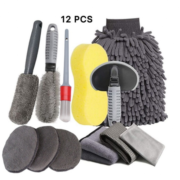 Set 12 Accesorii pentru Curatare Auto, Flippy, Interior si Exterior, Curatare Jante, Cauciucuri, Gri [1]