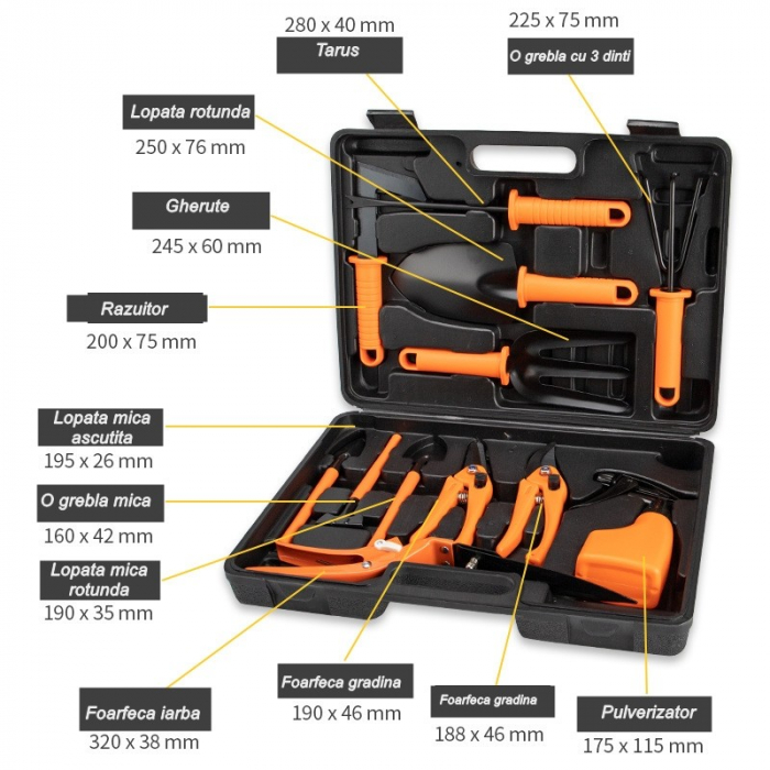 Set 12 accesorii pentru gradinarit Flippy, geanta depozitare inclusa, otel inoxidabil, 37 x 27 cm, portocaliu [2]