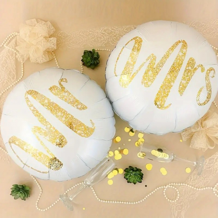 Set 12 Baloane din Folie Metalizata si din Latex, Flippy, Model Mr Mrs, Tema Nunta, Baloane Party cu Confetti, 45 cm, 30 cm, Pai inclus, Umflare cu Aer sau Heliu, Alb/Auriu [3]