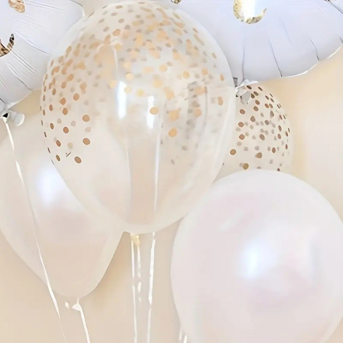 Set 12 Baloane din Folie Metalizata si din Latex, Flippy, Model Mr Mrs, Tema Nunta, Baloane Party cu Confetti, 45 cm, 30 cm, Pai inclus, Umflare cu Aer sau Heliu, Alb/Auriu [4]