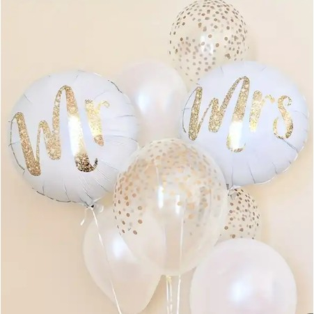 Set 12 Baloane din Folie Metalizata si din Latex, Flippy, Model Mr Mrs, Tema Nunta, Baloane Party cu Confetti, 45 cm, 30 cm, Pai inclus, Umflare cu Aer sau Heliu, Alb/Auriu [10]