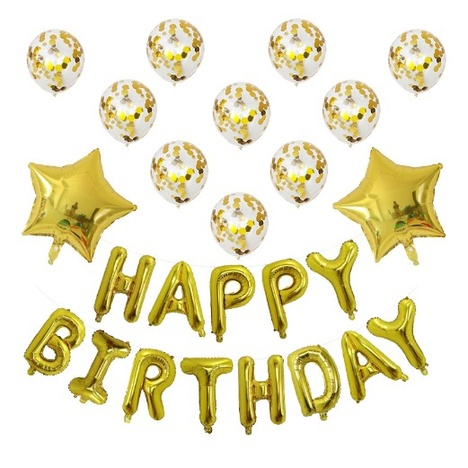 Set 12 Baloane si 1 Set Happy Birthday, 30 -45 cm, Cu paiete, latex si folie, Auriu [1]