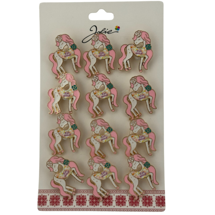 Set 12 Brose Martisor pentru Copii, Jolie, Model Unicorn cu Par Roz, cu Mesaj Esti Unica, Multicolor [1]