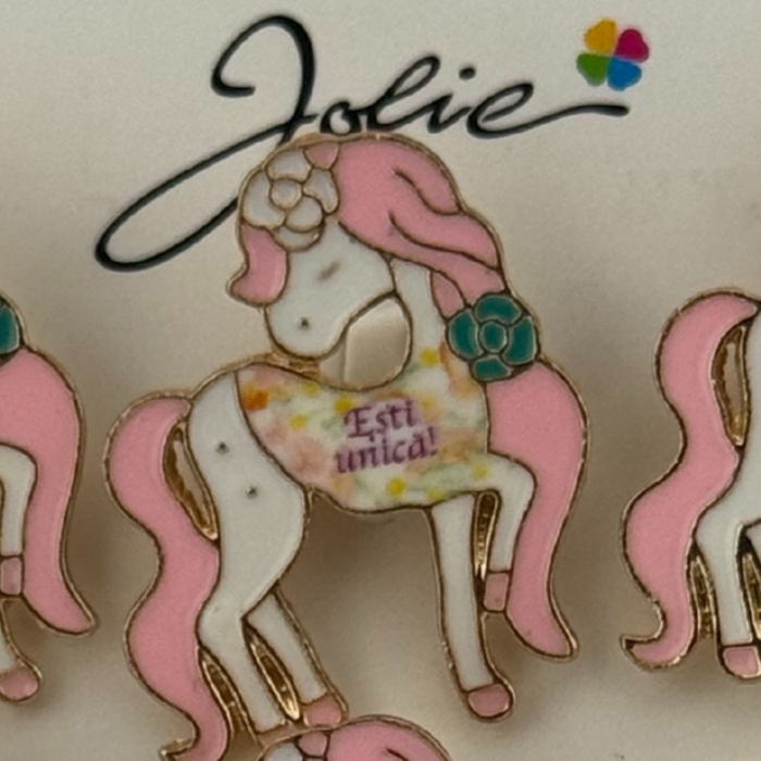 Set 12 Brose Martisor pentru Copii, Jolie, Model Unicorn cu Par Roz, cu Mesaj Esti Unica, Multicolor [3]
