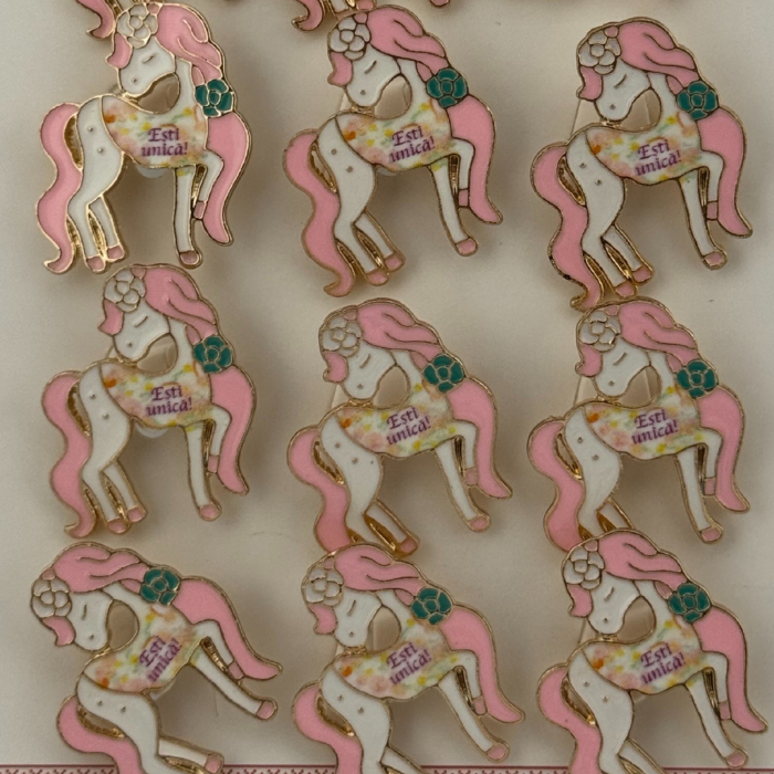 Set 12 Brose Martisor pentru Copii, Jolie, Model Unicorn cu Par Roz, cu Mesaj Esti Unica, Multicolor [2]