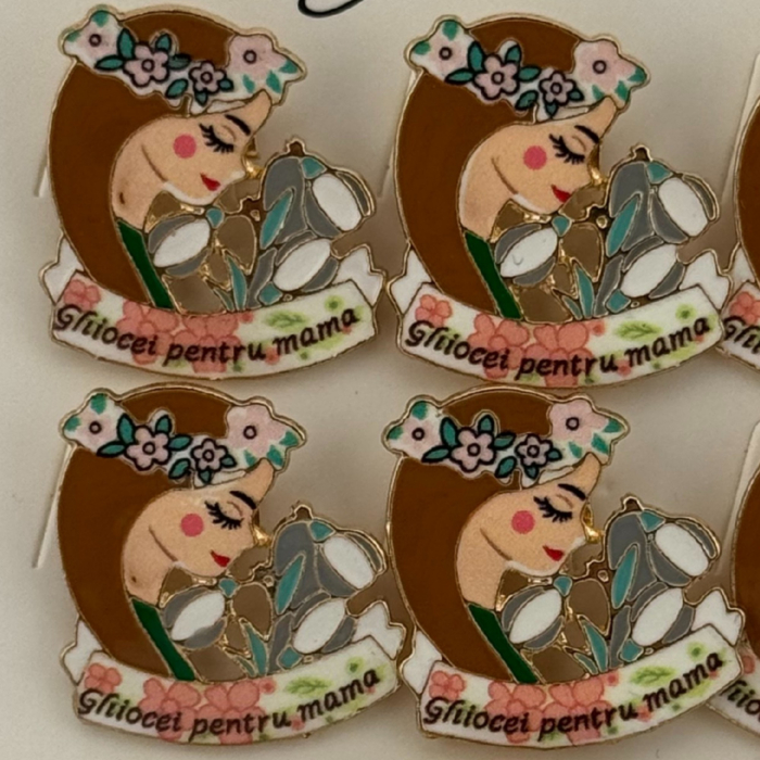 Set 12 Brose Martisor Primavara, Jolie, Model Fata, cu Mesaj Ghiocei pentru Mama, Multicolor [3]