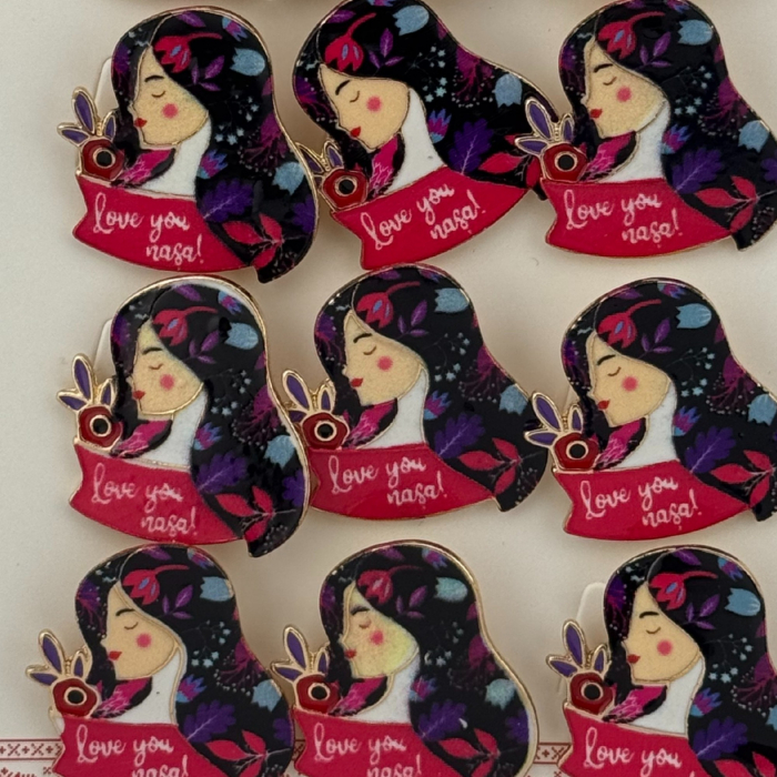 Set 12 Brose Martisor Primavara, Jolie, Model Fata, cu Mesaj Love You Nasa, Multicolor [4]