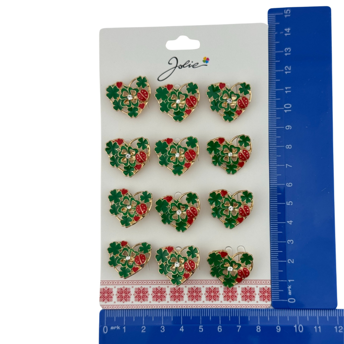 Set 12 Brose Martisor Primavara, Jolie, Model Inima Impodobita cu Trifoi si Buburuza, Verde [5]