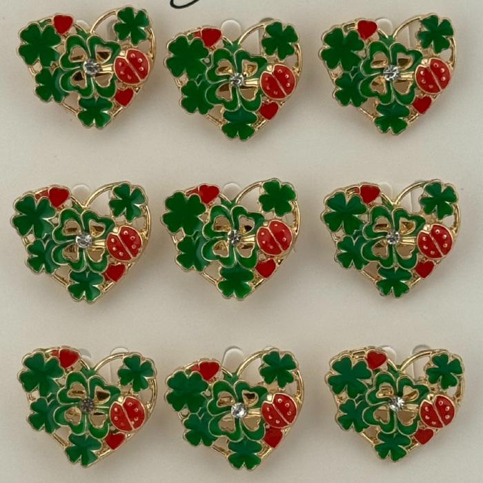 Set 12 Brose Martisor Primavara, Jolie, Model Inima Impodobita cu Trifoi si Buburuza, Verde [4]