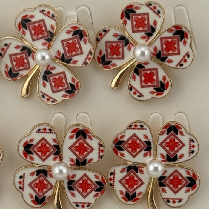 Set 12 Brose Martisor Primavara, Jolie, Model Trifoi Traditional cu Perla, Rosu [3]