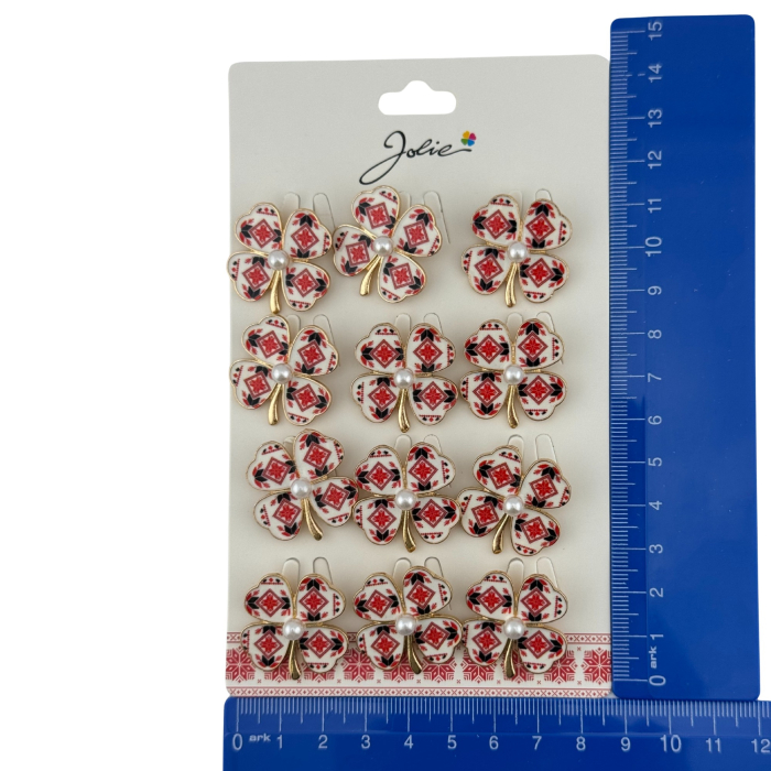 Set 12 Brose Martisor Primavara, Jolie, Model Trifoi Traditional cu Perla, Rosu [5]