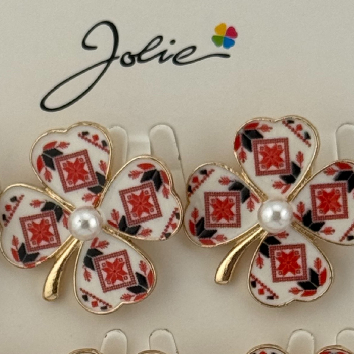 Set 12 Brose Martisor Primavara, Jolie, Model Trifoi Traditional cu Perla, Rosu [2]