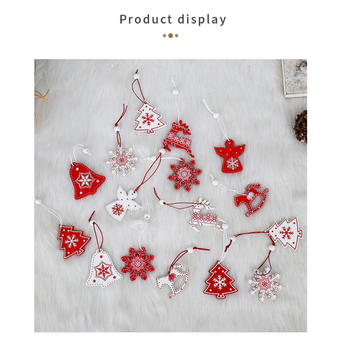 Set 12 Decoratiuni de Craciun din Lemn, Flippy, cu Snur pentru Agatare in Brad, Model Brazi si Fulgi de Nea, Alb-Rosu [3]
