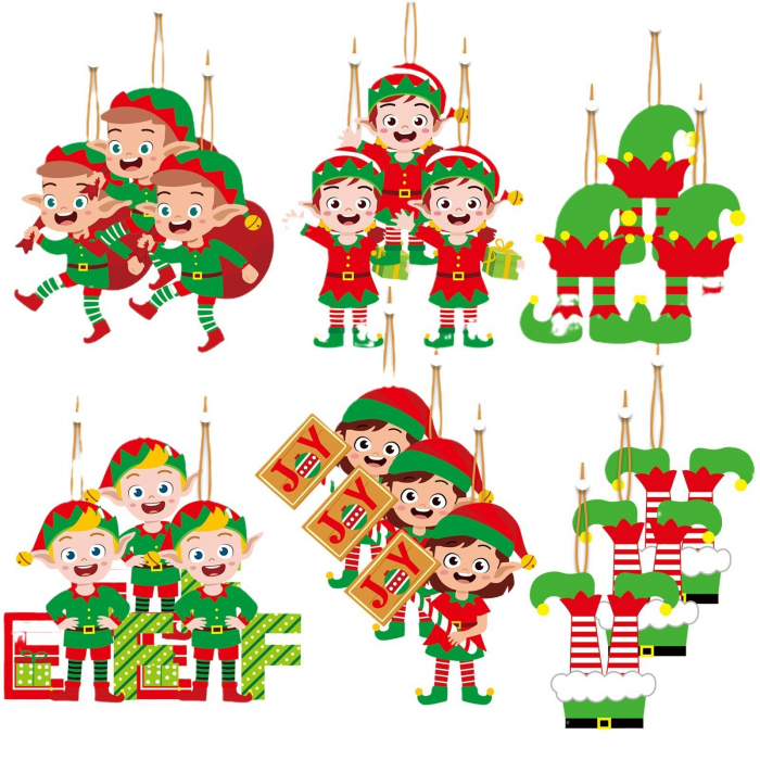 Set 12 Decoratiuni de Craciun din Lemn, Flippy, cu Snur pentru Agatare in Brad, Model Elfi Diferite Dimensiuni, 4 Modele, Multicolor [4]