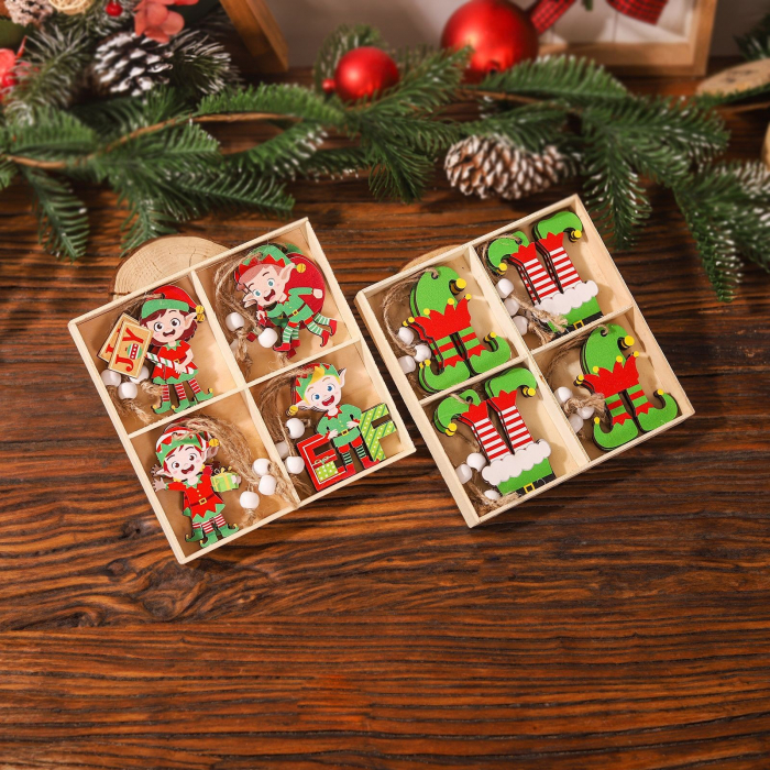 Set 12 Decoratiuni de Craciun din Lemn, Flippy, cu Snur pentru Agatare in Brad, Model Elfi Diferite Dimensiuni, 4 Modele, Multicolor [7]