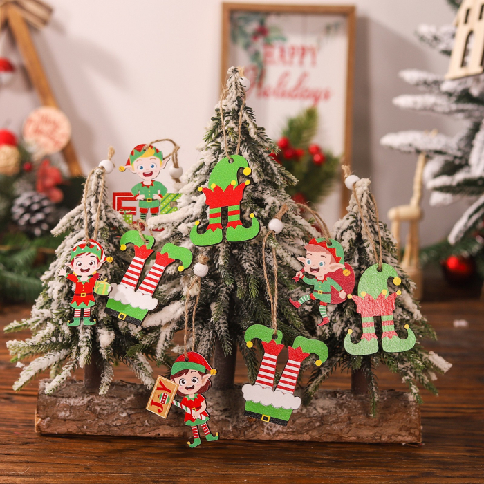 Set 12 Decoratiuni de Craciun din Lemn, Flippy, cu Snur pentru Agatare in Brad, Model Elfi Diferite Dimensiuni, 4 Modele, Multicolor [5]