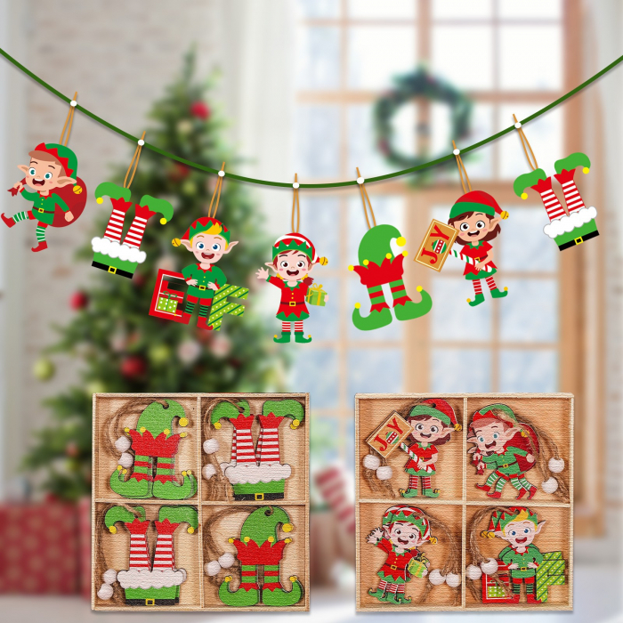 Set 12 Decoratiuni de Craciun din Lemn, Flippy, cu Snur pentru Agatare in Brad, Model Elfi Diferite Dimensiuni, 4 Modele, Multicolor [2]