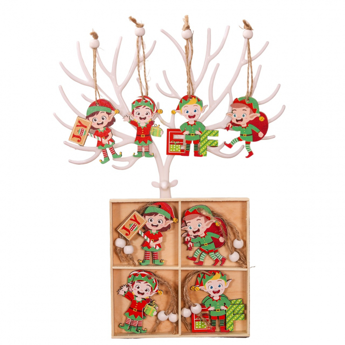 Set 12 Decoratiuni de Craciun din Lemn, Flippy, cu Snur pentru Agatare in Brad, Model Elfi Diferite Dimensiuni, 4 Modele, Multicolor [1]