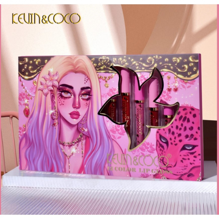 Set 12 Lip Gloss Kevin&amp;Coco, nuante de rosu, rose, nude, roz, cutie dreptunghiulara, 26.5x16.5x2.2 cm, 200 g, multicolor [5]