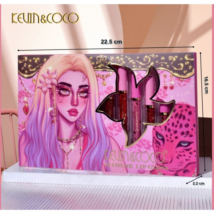 Set 12 Lip Gloss Kevin&amp;Coco, nuante de rosu, rose, nude, roz, cutie dreptunghiulara, 26.5x16.5x2.2 cm, 200 g, multicolor [2]