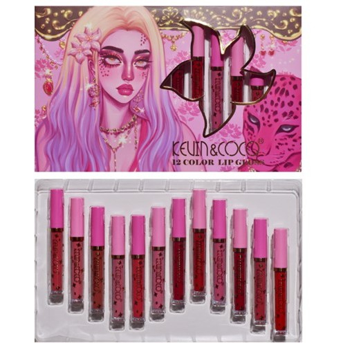 Set 12 Lip Gloss Kevin&amp;Coco, nuante de rosu, rose, nude, roz, cutie dreptunghiulara, 26.5x16.5x2.2 cm, 200 g, multicolor [1]