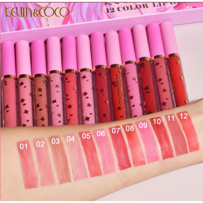 Set 12 Lip Gloss Kevin&amp;Coco, nuante de rosu, rose, nude, roz, cutie dreptunghiulara, 26.5x16.5x2.2 cm, 200 g, multicolor [3]