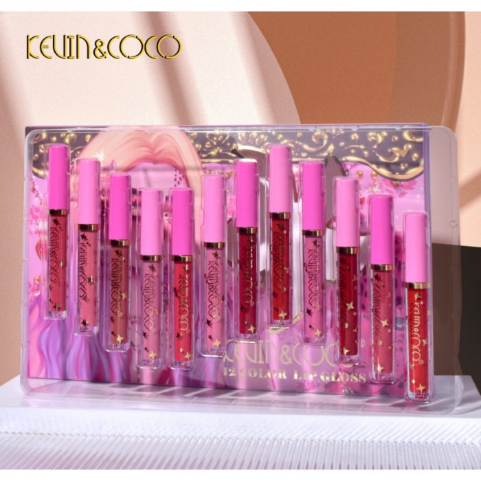 Set 12 Lip Gloss Kevin&amp;Coco, nuante de rosu, rose, nude, roz, cutie dreptunghiulara, 26.5x16.5x2.2 cm, 200 g, multicolor [4]