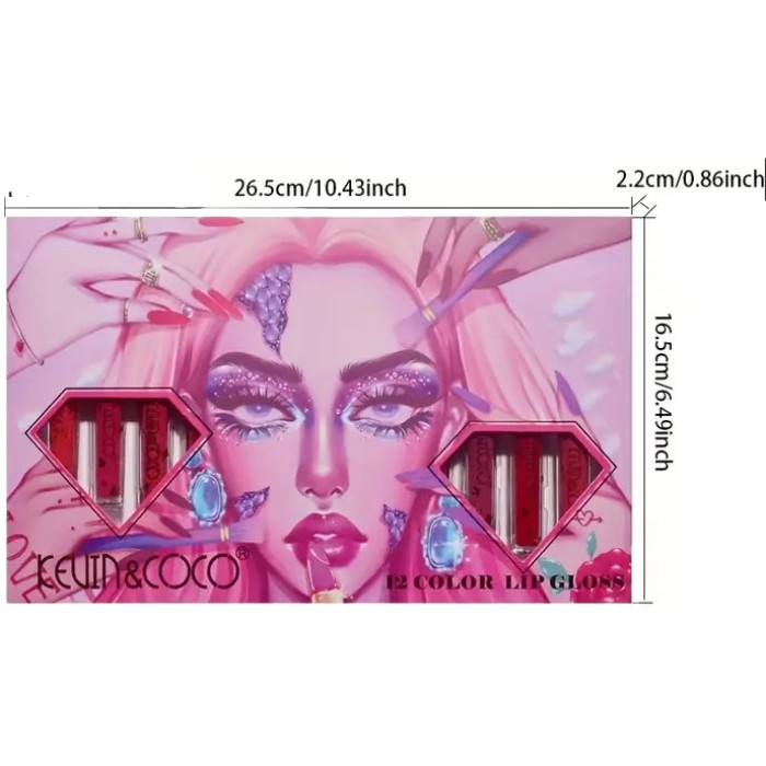 Set 12 Lip Gloss Kevin&amp;Coco, nuante de rosu si rose, cutie dreptunghiulara, 26.5x16.5x2.2 cm, 200 g, multicolor [6]
