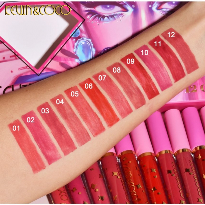 Set 12 Lip Gloss Kevin&amp;Coco, nuante de rosu si rose, cutie dreptunghiulara, 26.5x16.5x2.2 cm, 200 g, multicolor [2]