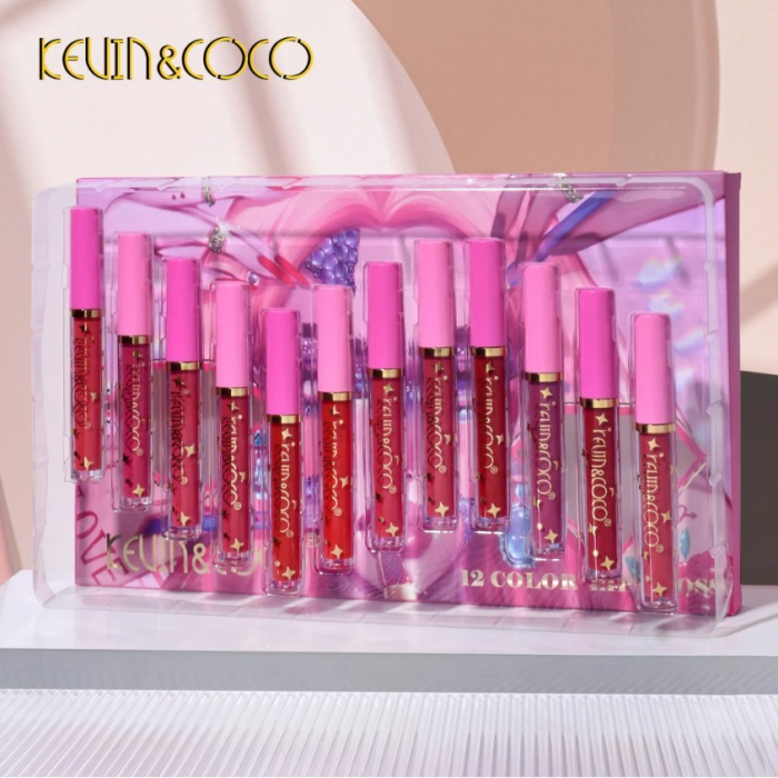 Set 12 Lip Gloss Kevin&amp;Coco, nuante de rosu si rose, cutie dreptunghiulara, 26.5x16.5x2.2 cm, 200 g, multicolor [5]