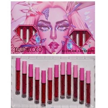 Set 12 Lip Gloss Kevin&amp;Coco, nuante de rosu si rose, cutie dreptunghiulara, 26.5x16.5x2.2 cm, 200 g, multicolor [1]