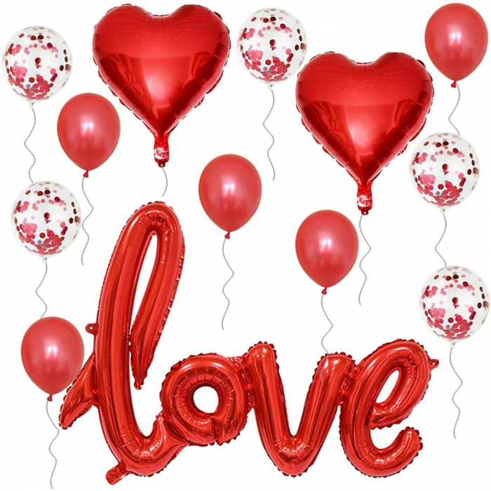 Set 13 Baloane din Folie Metalizata si din Latex, Flippy, Figurine Litere si Inima, Model Love, Tema Ziua Indragostitilor, Baloane Party cu Confetti, 102x65cm, 45 cm, 30 cm, Pai Inclus, Umflare cu Aer [4]