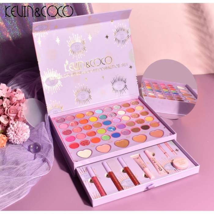 Set 13 piese cosmetice Kevin&amp;Coco, 6 Lip Gloss, 2 Gloss drip, Ceara sprancene, Crema blus, Creion , paleta farduri 50 culori nuante rose/nude/maro, cutie patrata, multicolor [5]