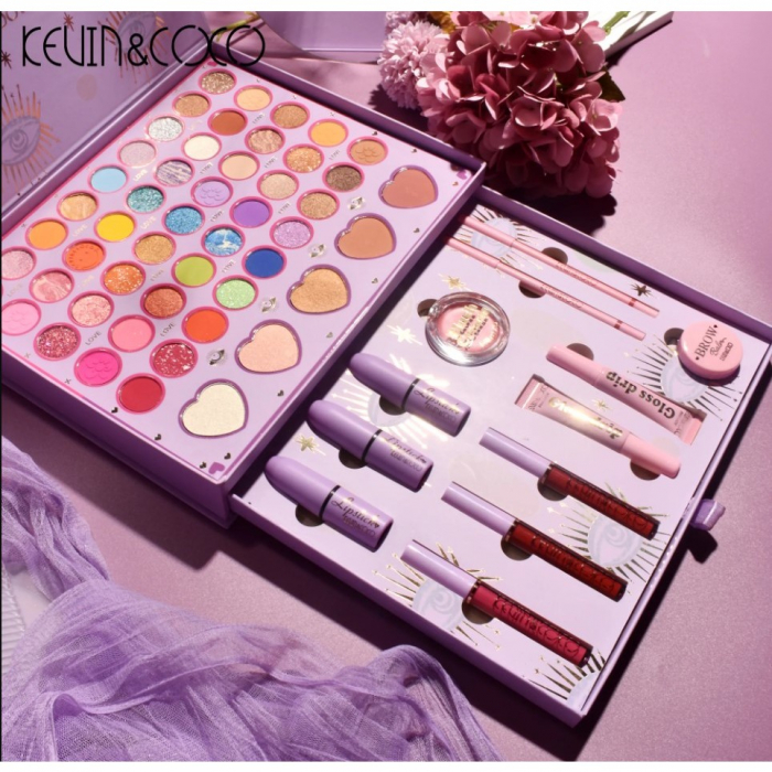 Set 13 piese cosmetice Kevin&amp;Coco, 6 Lip Gloss, 2 Gloss drip, Ceara sprancene, Crema blus, Creion , paleta farduri 50 culori nuante rose/nude/maro, cutie patrata, multicolor [4]