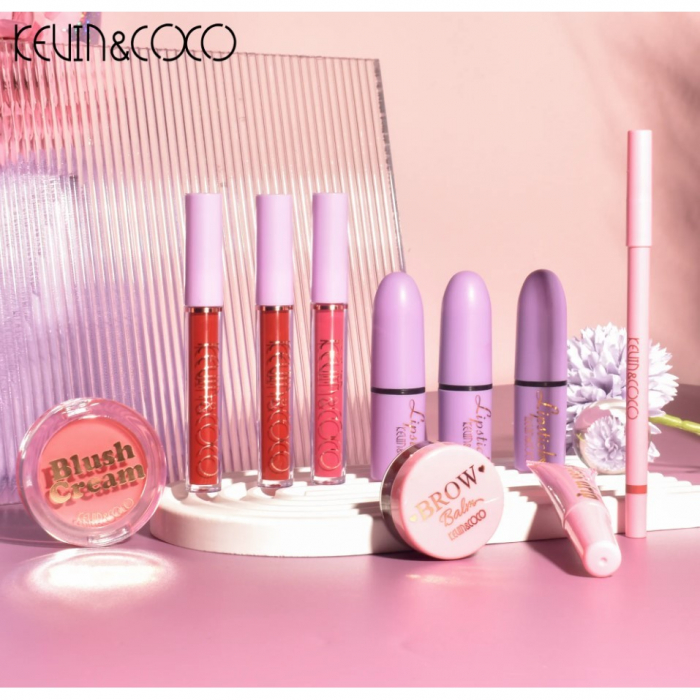 Set 13 piese cosmetice Kevin&amp;Coco, 6 Lip Gloss, 2 Gloss drip, Ceara sprancene, Crema blus, Creion , paleta farduri 50 culori nuante rose/nude/maro, cutie patrata, multicolor [3]