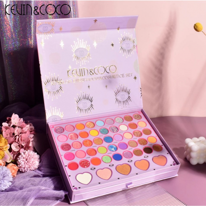Set 13 piese cosmetice Kevin&amp;Coco, 6 Lip Gloss, 2 Gloss drip, Ceara sprancene, Crema blus, Creion , paleta farduri 50 culori nuante rose/nude/maro, cutie patrata, multicolor [6]