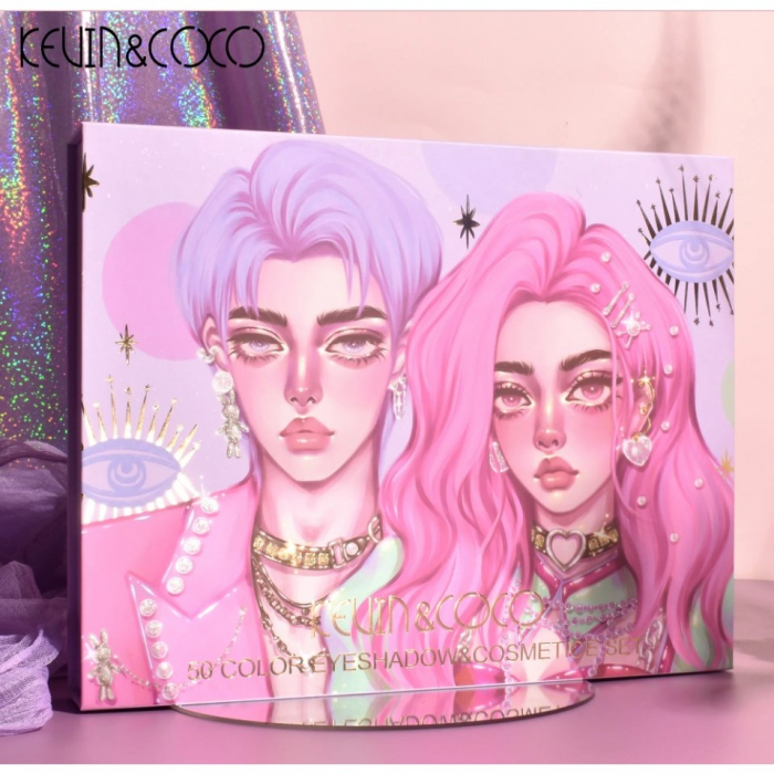 Set 13 piese cosmetice Kevin&amp;Coco, 6 Lip Gloss, 2 Gloss drip, Ceara sprancene, Crema blus, Creion , paleta farduri 50 culori nuante rose/nude/maro, cutie patrata, multicolor [7]