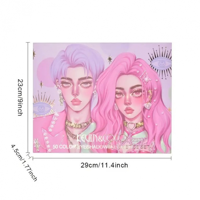 Set 13 piese cosmetice Kevin&amp;Coco, 6 Lip Gloss, 2 Gloss drip, Ceara sprancene, Crema blus, Creion , paleta farduri 50 culori nuante rose/nude/maro, cutie patrata, multicolor [2]