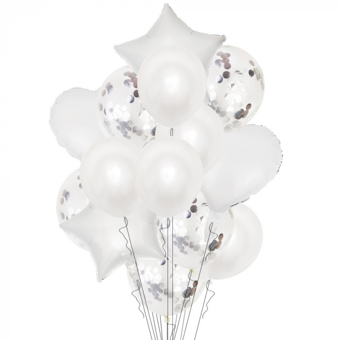 Set 14 Baloane din Folie Metalizată si din Latex, Flippy, Figurine Stea si Inima 45 cm, Baloane Latex 30 cm, Tema Buchet, Ambalaj Individual, Pai Inclus, Umflare cu Aer sau Heliu, Argintiu [1]