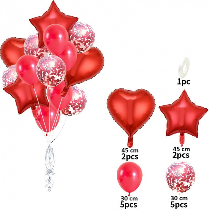 Set 14 Baloane din Folie Metalizată si din Latex, Flippy, Figurine Stea si Inima 45 cm, Baloane Latex 30 cm, Tema Buchet, Ambalaj Individual, Pai Inclus, Umflare cu Aer sau Heliu, Rosu [2]