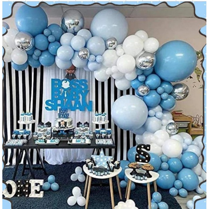 Set 156 Baloane din Latex, Flippy, Model Petrecere pentru Arcada, Baloane Party, 12 cm, 30 cm, 45 cm, Albastru, Bleu, Alb, Argitiu [1]