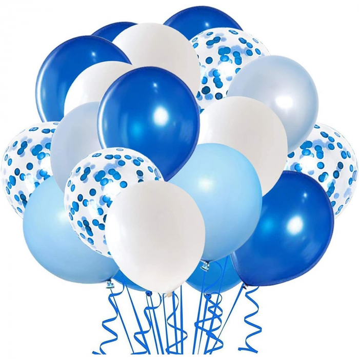 Set 16 Baloane din Latex Metalizate, Flippy, Model Party, 30 cm, Alb, Albastru, Albastru Chrome, Transparent Confetti 2.8 g [1]